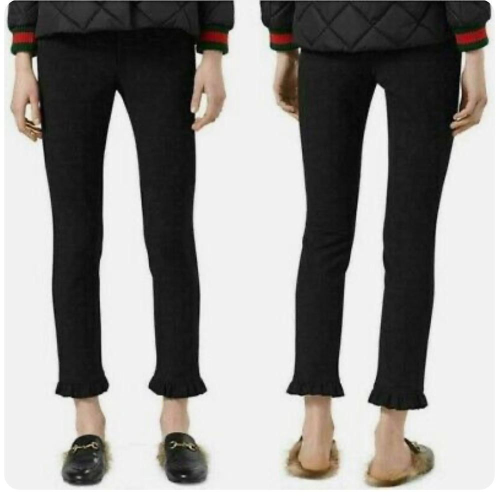 Gucci Mid-Rise Ruffled Hem Trousers in Black Size 0